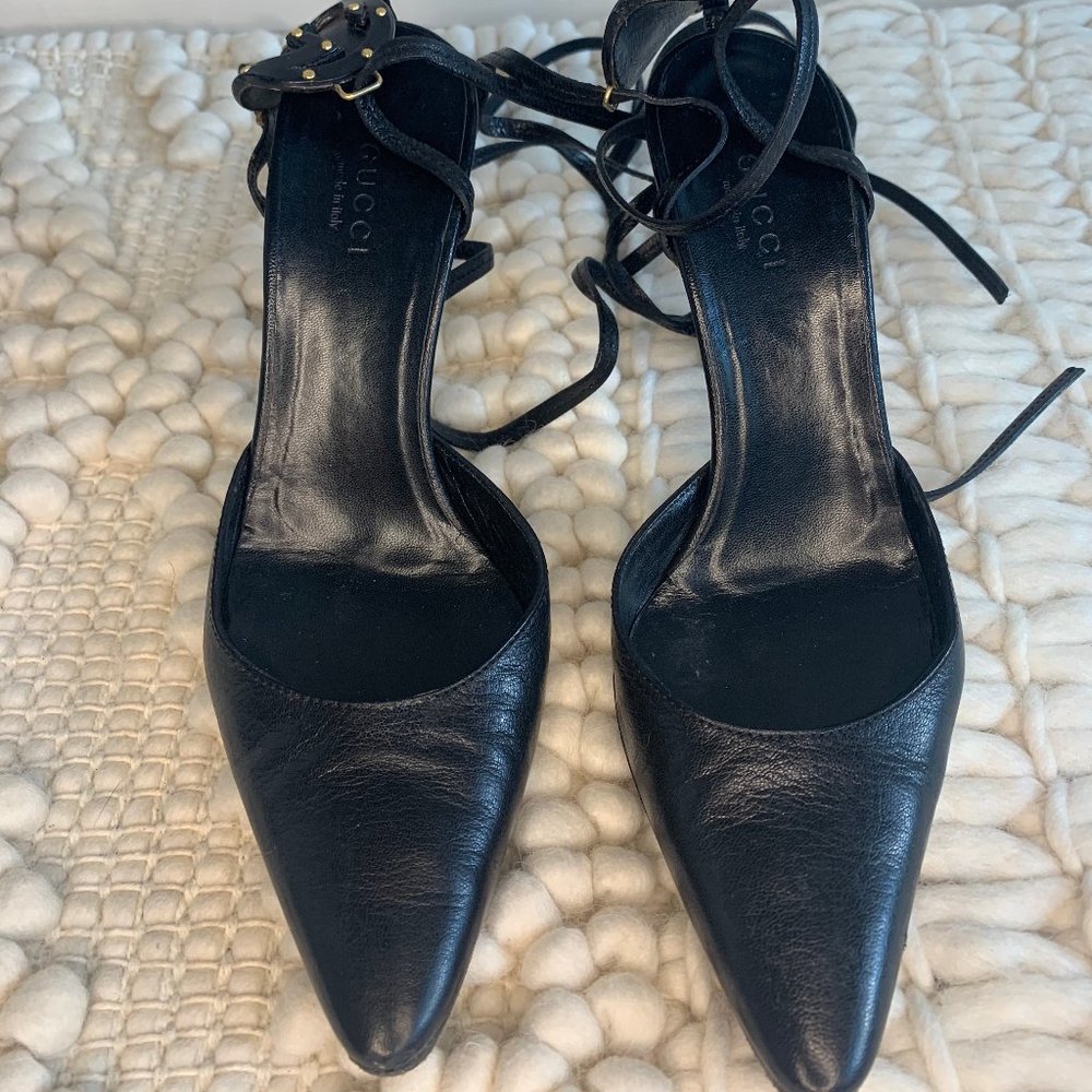 Gucci Heels Ankle Tie Strap Black Leather GG Sz 34 - Picture 2 of 4